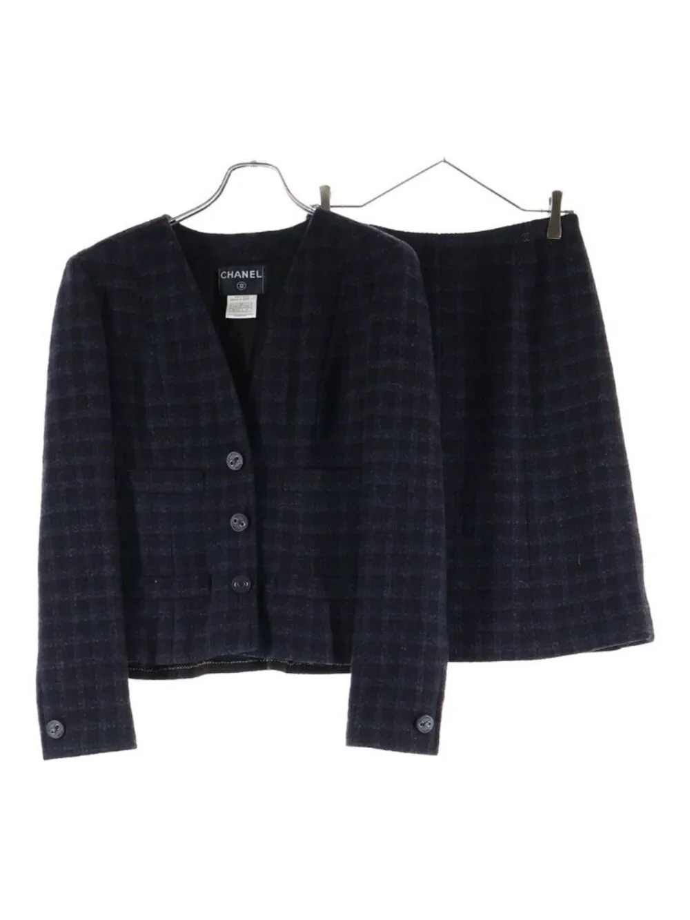 Chanel Check Wool Tweed Set Block Set Collarless Jacket Skirt Navy Brown